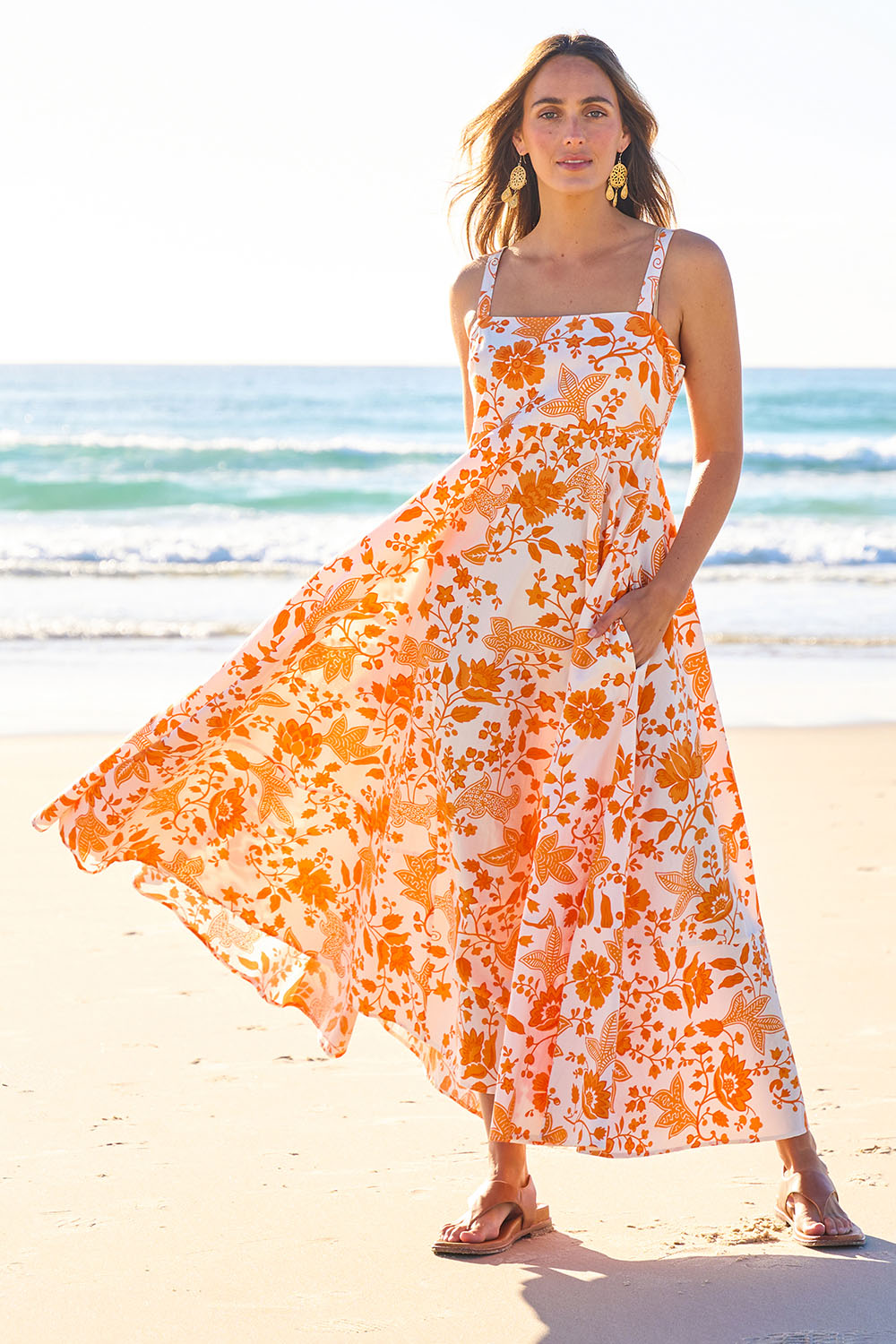 boho bird Women's Summer Fun Cotton Maxi Dress in Orang Fleur