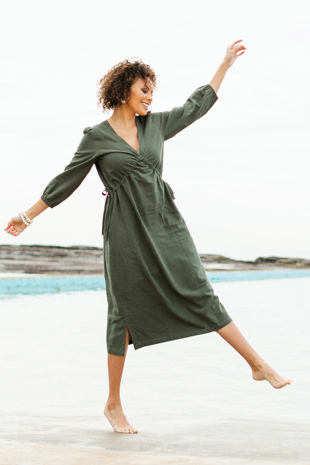 Natural for birds Women's Calf Length Dresses Green Linen Women's Fashion –  birdsnest