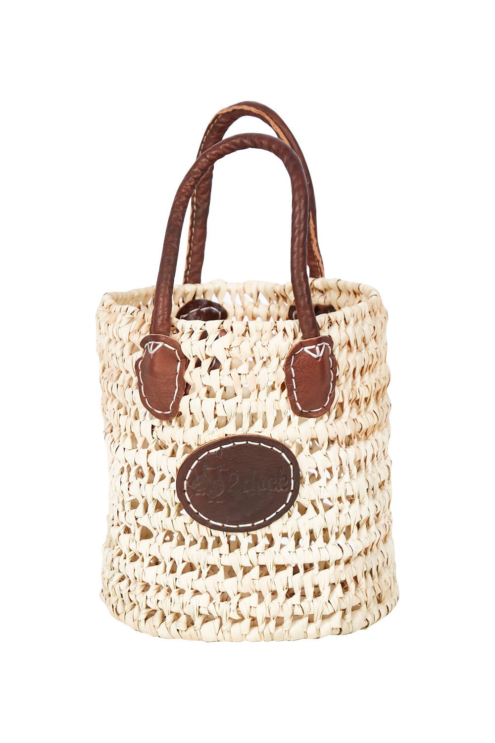 Product shot of the Small Round Open Weave Handle Basket in colour Natural, from the front