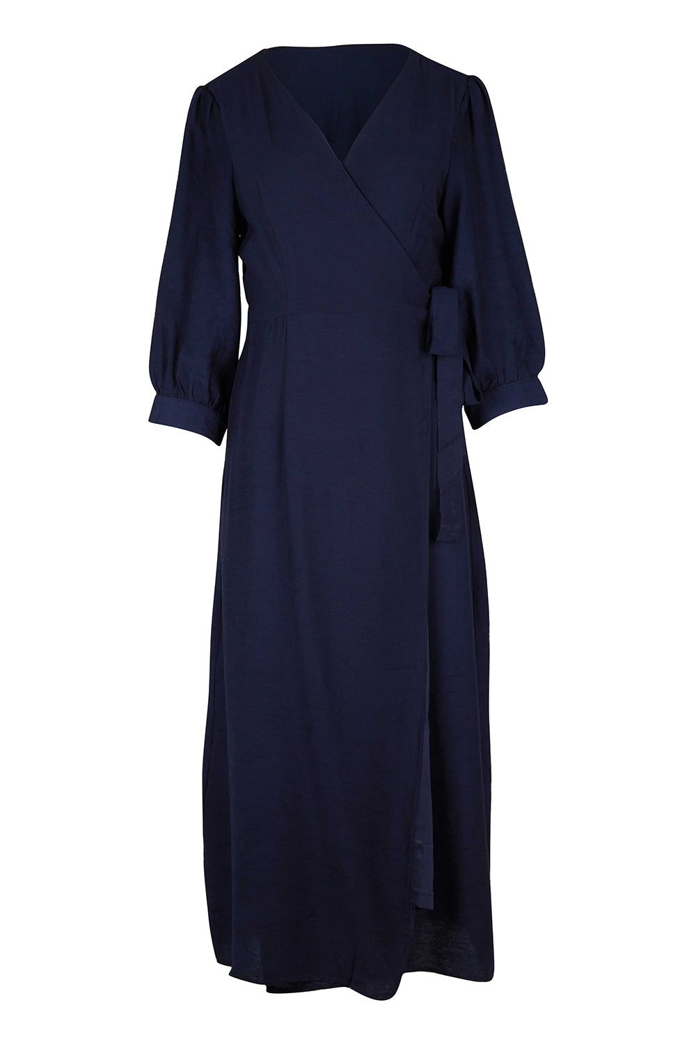 Product shot of the Eden Classic Wrap Dress in colour Navy (Blue), from the front
