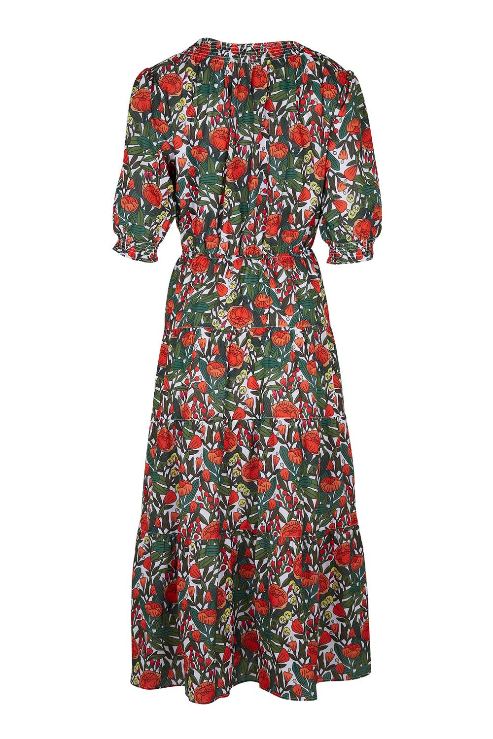 Product shot of the Maisie Floral Dress in colour Rosetta (Green), from the back
