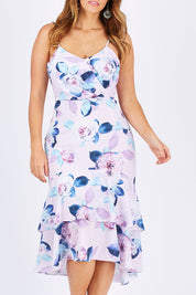 Model Laura wearing size 12 of the Camille Dress in colour BabyPink (Pink), from the front, cropped image