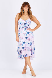 Model Laura wearing size 12 of the Camille Dress in colour BabyPink (Pink), from the front, showing the whole outfit