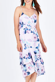 Model Rebecca wearing size 10 of the Camille Dress in colour BabyPink (Pink), from the front, cropped image