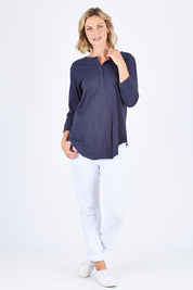 Model Chelsea wearing size S of the Cambridge Henley in colour Indigo (Blue), from the front, showing the whole outfit