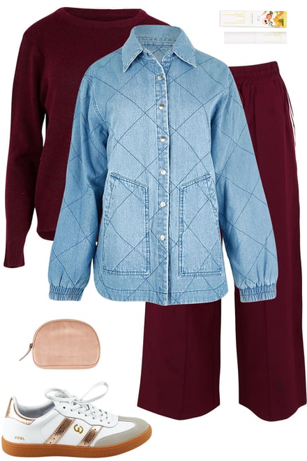 Wine Knit & Pants With Quilted Denim Jacket