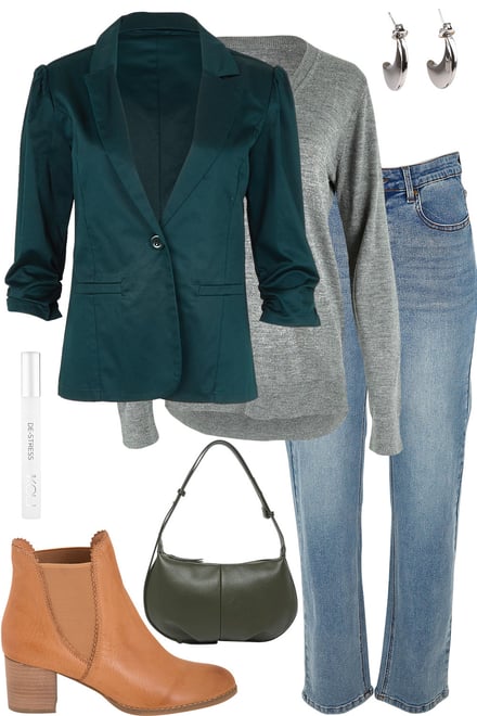 Deep Lagoon Blazer + Grey Knit + Denim