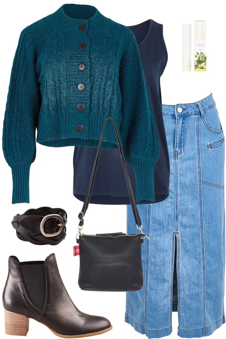 Cropped Cardi With Denim Midi Skirt