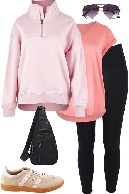 Blossom Zip Crew With Black Ribbed Leggings