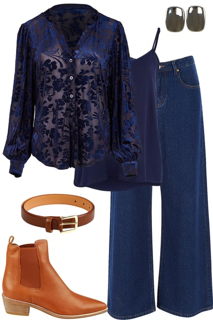 Navy Velvet With Wide Leg Jeans