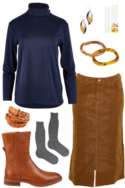 Navy Skivvy & Malt Cord Skirt