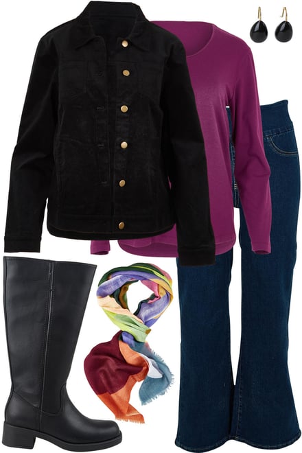 Black Cord Jacket & Plum Tee With Denim