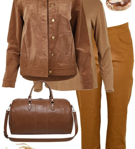 Mushroom Cord + Cocoa Tee + Rust Pants