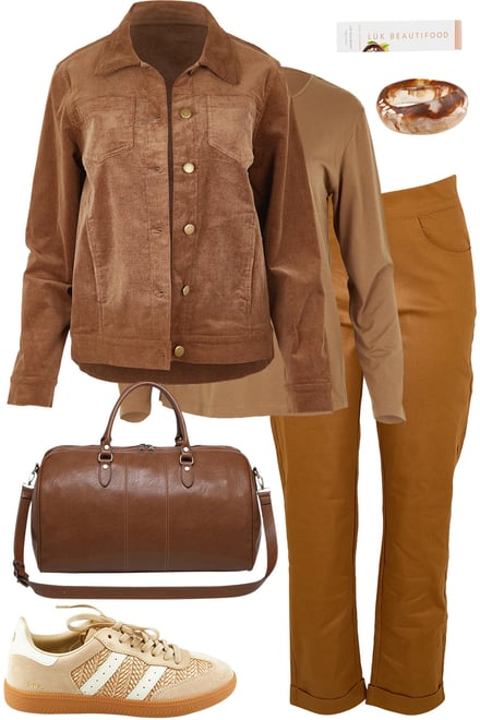 Mushroom Cord + Cocoa Tee + Rust Pants