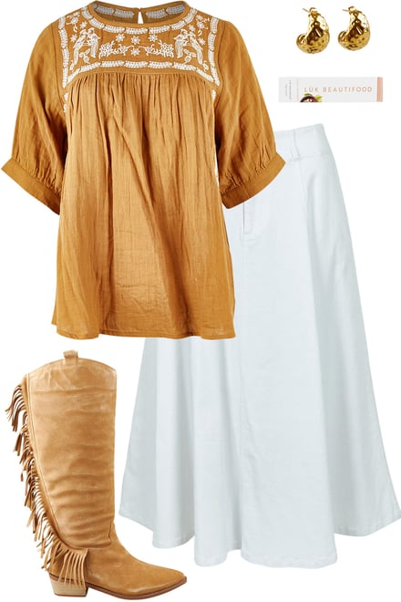 Clay Blouse & White Denim Skirt