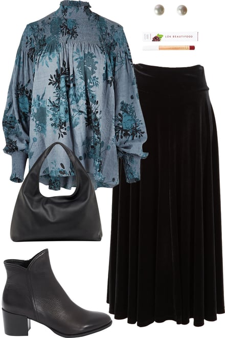 Smoke Romance Blouse & Black Velvet Skirt