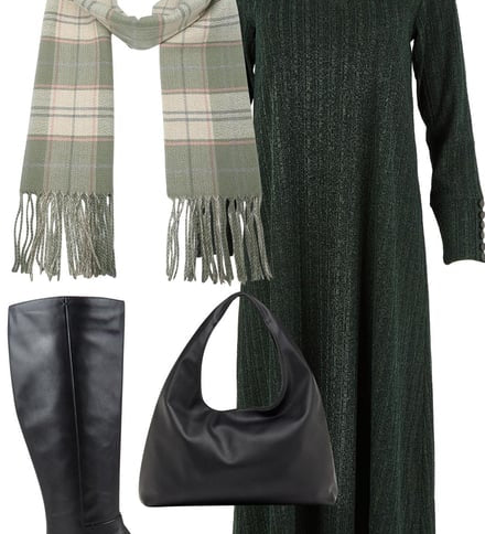 Khaki Knit Dress & Black Knee Boots