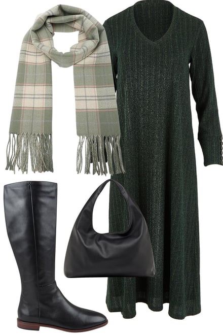 Khaki Knit Dress & Black Knee Boots