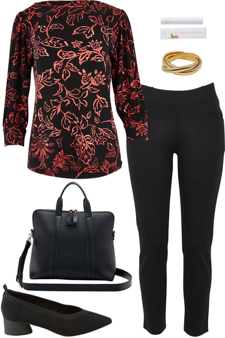 Emberfleur Blouse & Black Ponte Pants