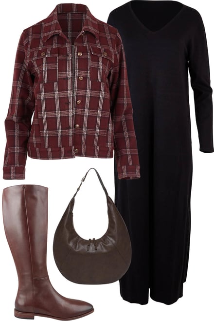 Burgundy Check Jacket With Black Knit Dress