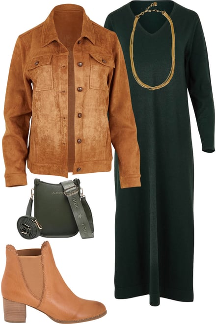Dark Pine Knit Dress With Faux Suede Jacket