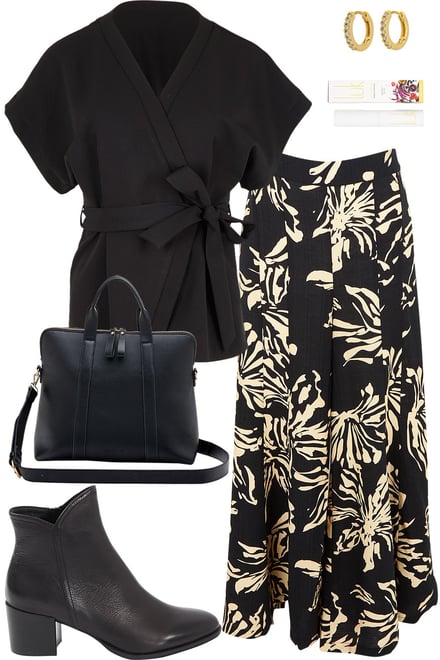 Black Kimono Top & Printed Flowy Pants
