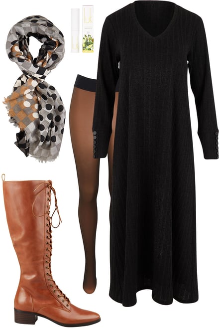 Black Knit Dress & Cognac Knee Boots