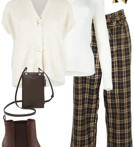 Milk Sleeveless Cardi & Checked Pants