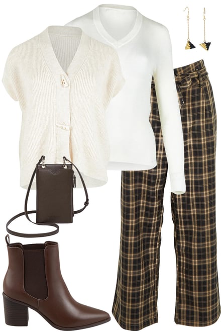Milk Sleeveless Cardi & Checked Pants
