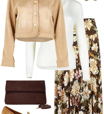 Printed Wanderer Skirt & Faux Suede Cropped Jacket