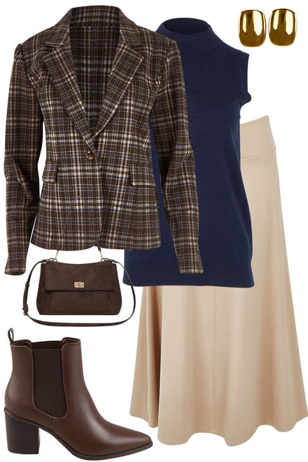 Houndsooth Jacket + Navy Knit + Nougat Skirt