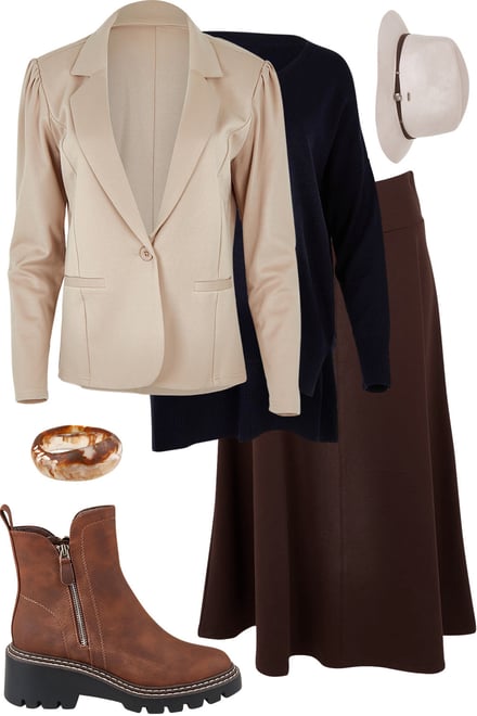 Nougat Blazer + Navy Knit + Chocolate Skirt