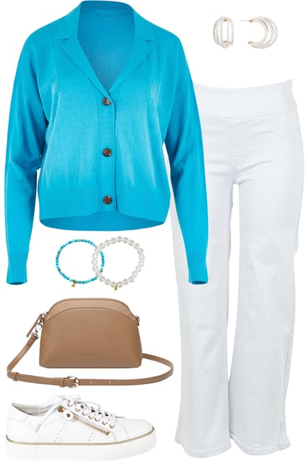 Aqua Collared Cardi & White Jeans