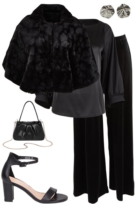 Faux Fur Cape With Black Satin & Velvet