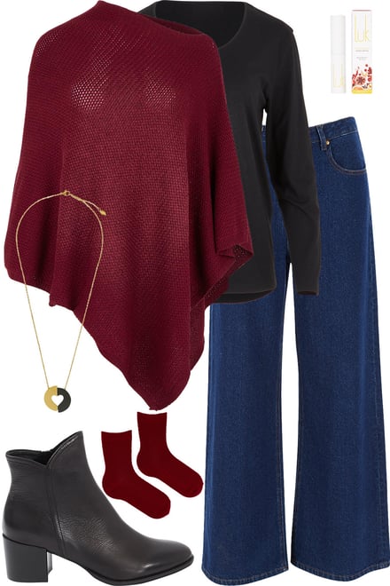 Burgundy Poncho With Dark Denim & Black