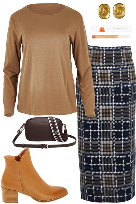 Navy-Taupe Check Skirt & Cocoa Tee