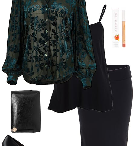 Deep Teal Burnout Velvet Shirt & Black Pencil Skirt