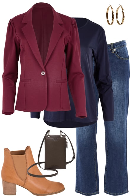 Wine Ponte Blazer With Navy & Denim