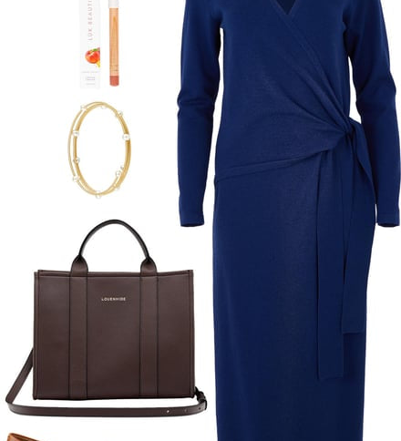 Navy Faux Wrap Dress With Tan