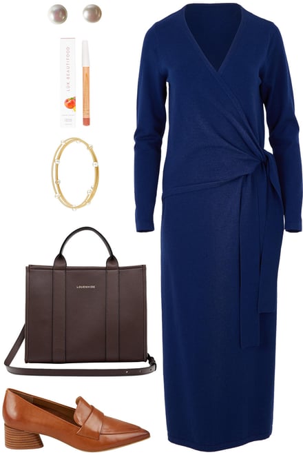 Navy Faux Wrap Dress With Tan