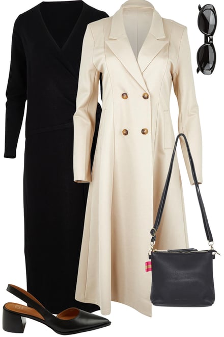 Black Tie Waist Knit With Sand Longline Coat