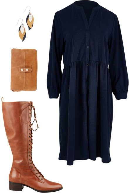 Dark Navy Cord Dress With Cognac Knee Boots