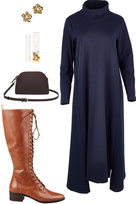 Navy Cowl Dress With Cognac Knee Boots