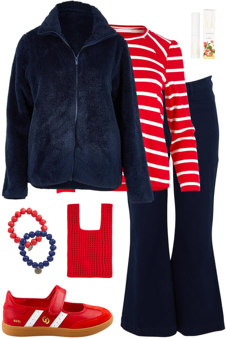 Fluffy Jacket Outfit In Navy And Red