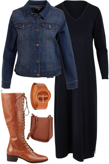 Dark Navy Knit Dress With Denim Jacket
