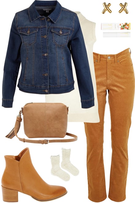 Tan Stretch Cord With Vanilla Knit & Denim Jacket