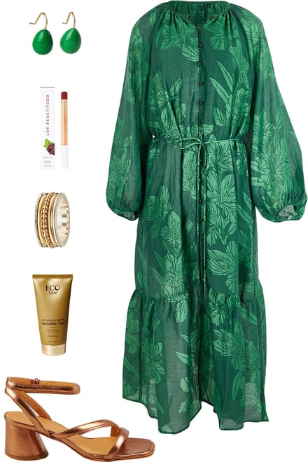 Evergreen Tiered Dress With Copper Heels