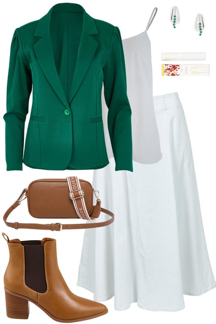 Pine Green Ponte Blazer With White Denim Skirt