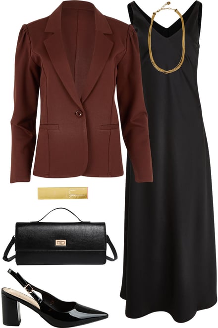Chocolate Ponte Blazer With Black Satin Slip Dress