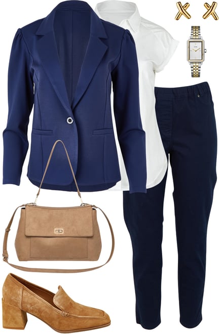 Navy Ponte Blazer With Cap Sleeve Shirt & Navy Pants